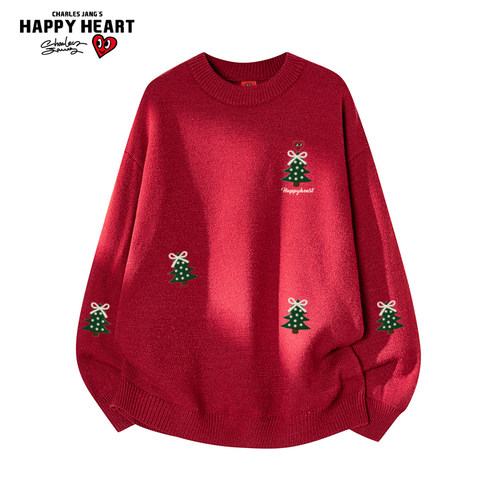 查尔斯桃心圣诞树印花红色圆领针织衫男女冬