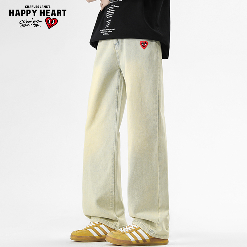 查尔斯桃心美式高街牛仔裤男秋冬季加绒阔腿裤子宽松直筒休闲长裤