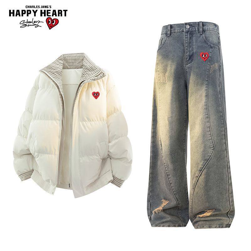 查尔斯桃心休闲套装男女冬季格子假两件立领棉衣宽松牛仔裤两件套,男装,休闲运动套装,淘宝优惠券,粉丝福利购,淘宝优惠卷