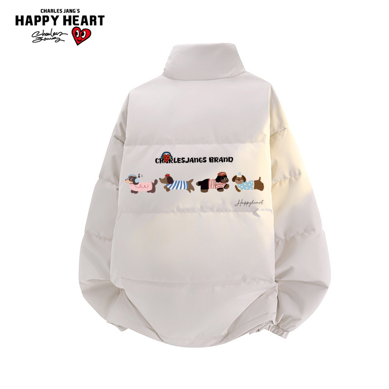 查尔斯桃心腊肠狗印花羽绒服男女冬季新款宽松休闲情侣外套上衣潮