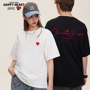 查尔斯桃心 短袖t恤男2026新款夏季美式字母纯棉圆领情侣重磅体恤