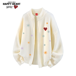 查尔斯桃心雪花印花开衫毛衣男冬季新款宽松休闲慵懒情侣针织外套