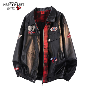 查尔斯桃心 美式复古格子PU皮夹克男款春秋季翻领防风机车服外套