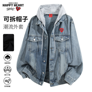 查尔斯桃心 美式水洗牛仔夹克外套春秋季可拆卸帽子休闲情侣外套