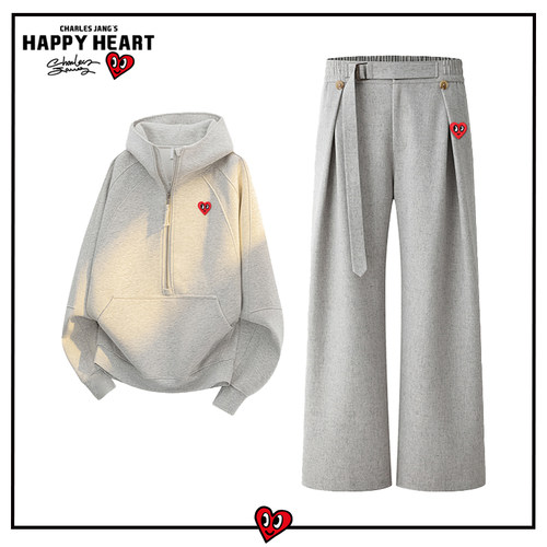 查尔斯桃心半拉链连帽卫衣休闲套装男春秋季宽松休闲直筒长裤两件