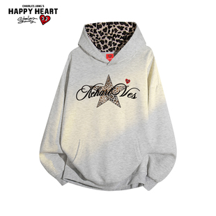 查尔斯桃心星星印花豹纹连帽卫衣新款男女春秋季休闲情侣上衣外套