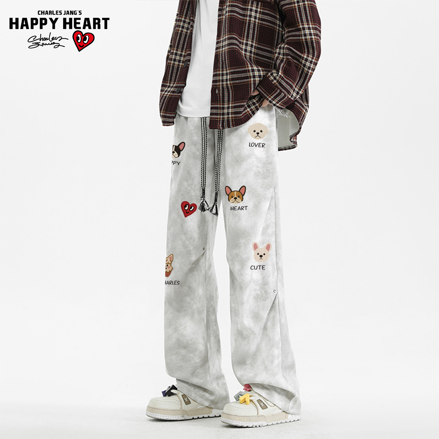 查尔斯桃心 美式小狗印花铆钉脏脏裤男女秋冬季加绒阔腿伞兵长裤