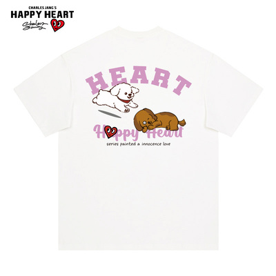 查尔斯桃心 2025年夏季新款可爱小狗印花美式圆领休闲短袖t恤男