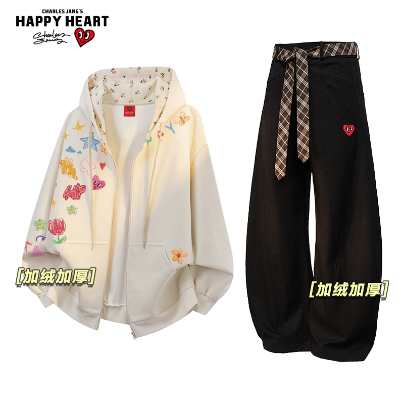 查尔斯桃心休闲套装男女冬季新款开衫卫衣休