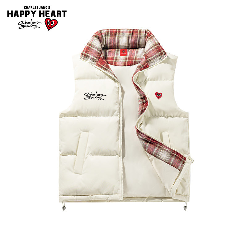 查尔斯桃心 格子纹棉马甲男女冬季字母标语保暖加厚情侣外套棉服