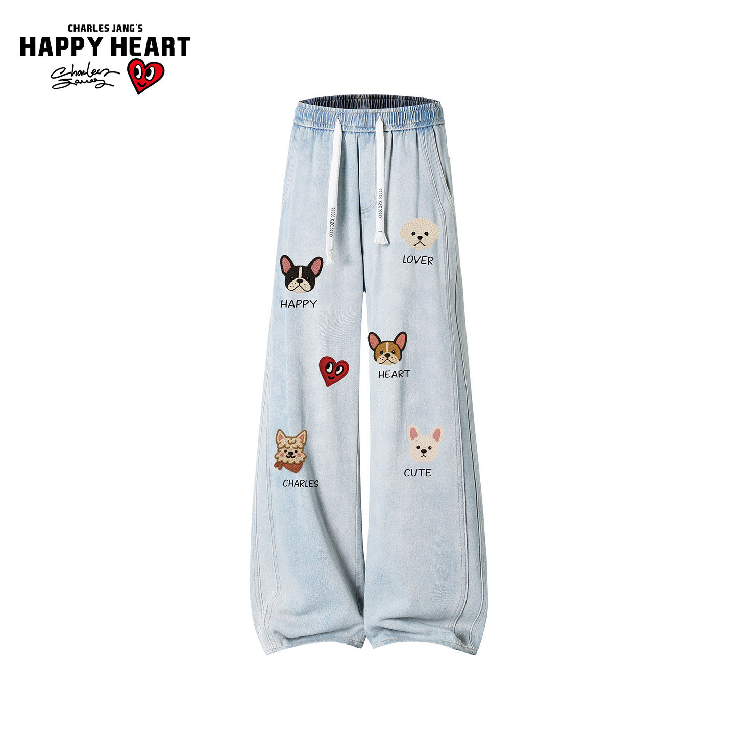 查尔斯桃心卡通印花牛仔裤男女同款宽松阔腿长裤美式复古水洗裤子