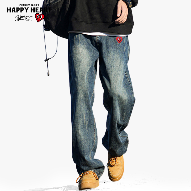 查尔斯桃心复古牛仔裤男秋冬季美式高街加绒厚直筒宽松阔腿长裤子