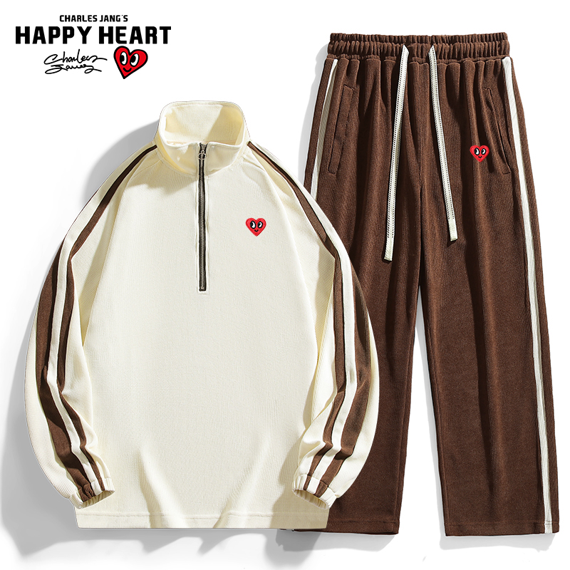 查尔斯桃心 美式秋冬季条纹立领夹克男休闲长裤一套休闲套装潮流