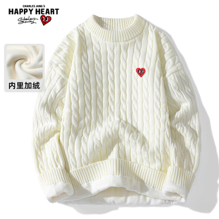 查尔斯桃心圆领毛衣男女冬季爱心刺绣设计感麻花纹理保暖针织上衣