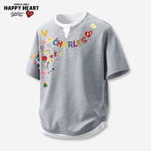 查尔斯桃心 休闲华夫格上衣服 夏季 卡通涂鸦华夫格圆领短袖 T恤男士