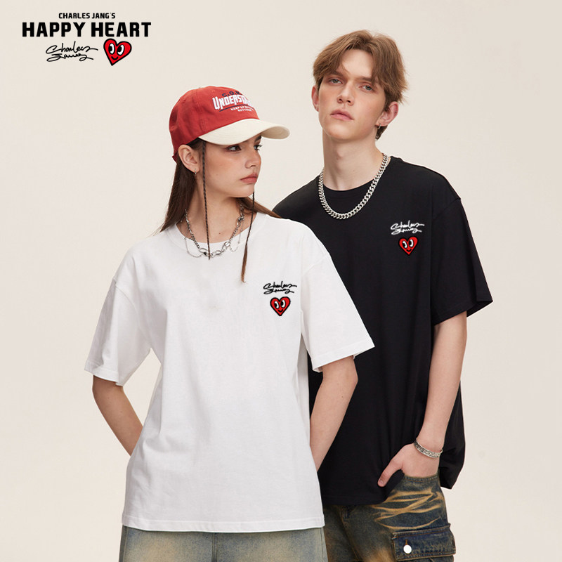 查尔斯桃心 短袖t恤男爱心字母印花纯棉重磅新款落肩情侣男女半袖