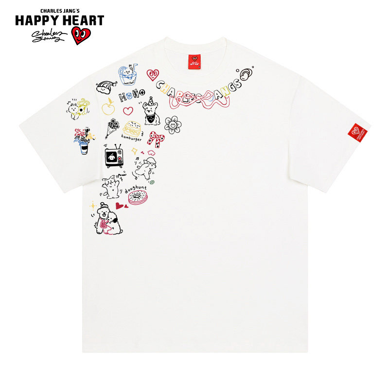 查尔斯桃心 2026年夏季新款欢乐小狗印花圆领纯棉休闲短袖t恤男