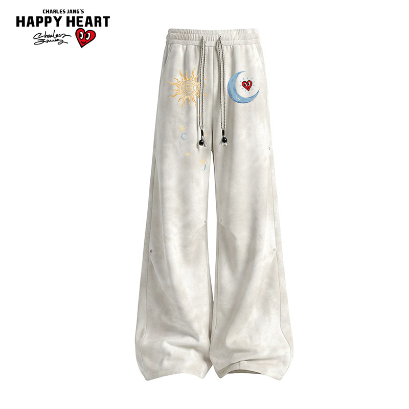 查尔斯桃心 日月印花弯刀褶皱扎染裤子男春秋季宽松直筒休闲长裤,男装,休闲裤,淘宝优惠券,粉丝福利购,淘宝优惠卷