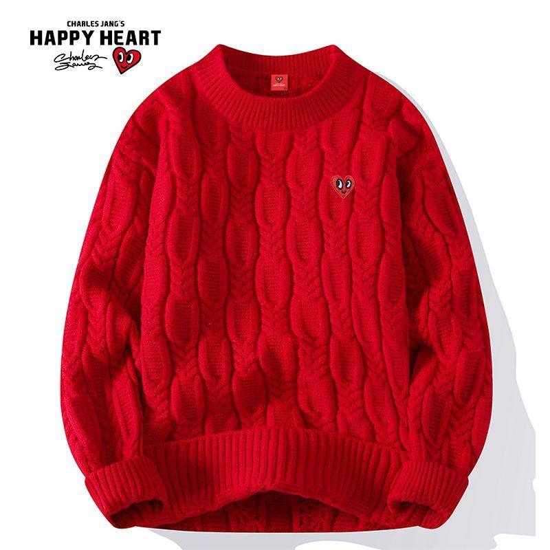 查尔斯桃心新年春节爱心刺绣麻花纹理感慵懒圆领长袖针织毛衣情侣