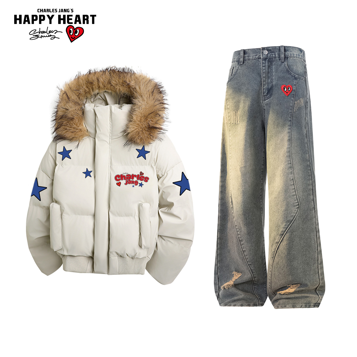 查尔斯桃心毛领连帽棉服休闲套装