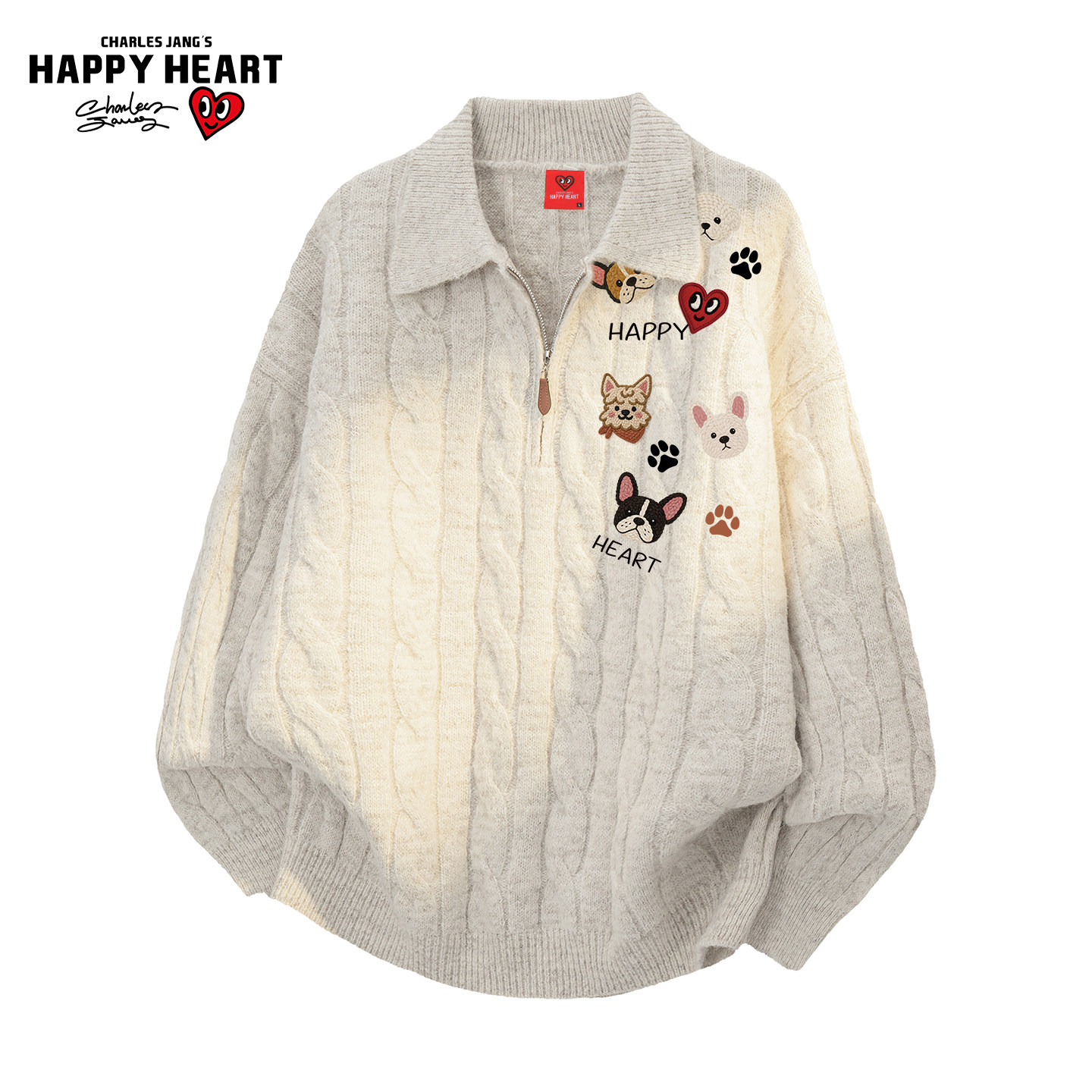 查尔斯桃心美式半拉链翻领毛衣男冬季小狗印花麻花条纹情侣针织衫