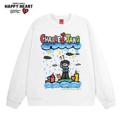 查尔斯桃心 蜡笔画印花美式圆领卫衣男女春秋季宽松情侣百搭内搭