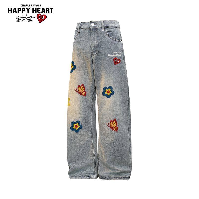 查尔斯桃心花卉印花水洗复古牛仔男女2025新款宽松百搭直筒长裤子,男装,牛仔裤,淘宝优惠券,粉丝福利购,淘宝优惠卷