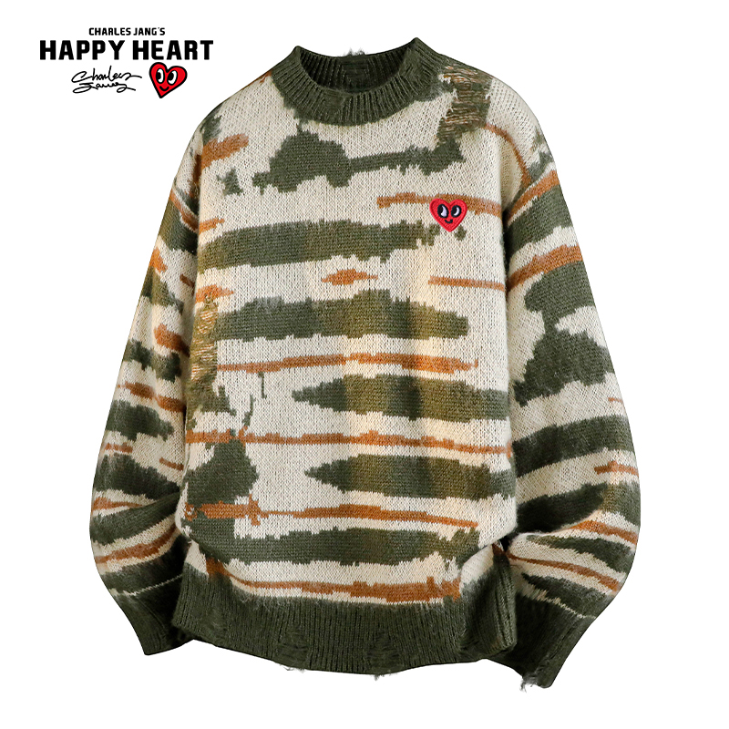 查尔斯桃心复古破坏感条纹卫衣男