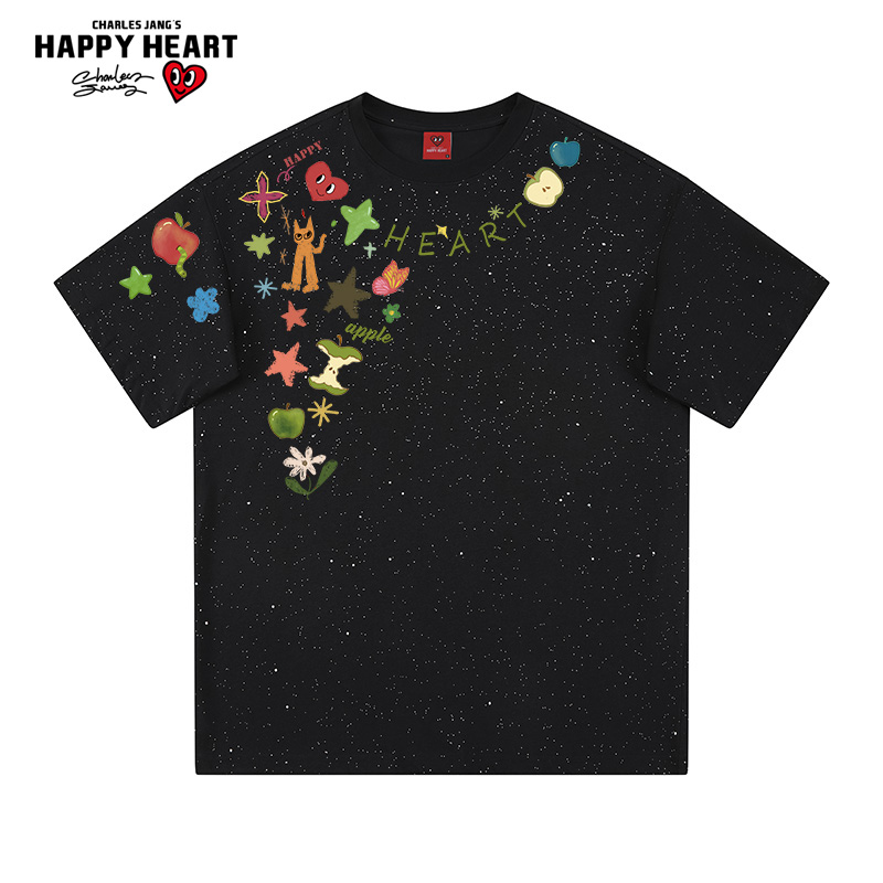 查尔斯桃心 童趣项链涂鸦印花短袖t恤男夏季情侣烫金满天星半袖