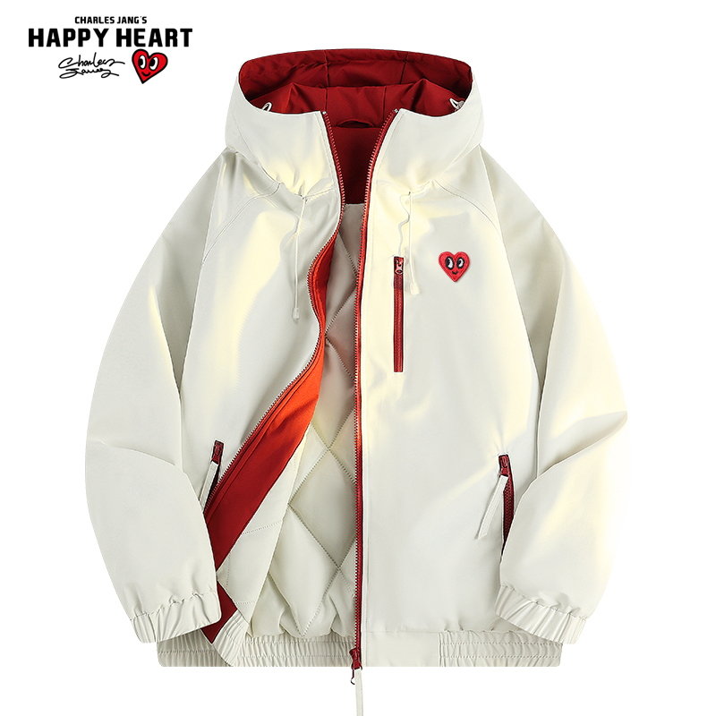 查尔斯桃心 户外冲锋夹克男秋冬季夹棉加厚保暖连帽撞色情侣外套