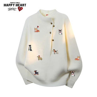 查尔斯桃心趣味小狗印花毛衣服男女秋冬季2026新款休闲情侣针织衫