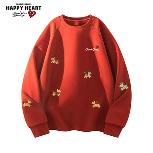 查尔斯桃心马年2026新款红色圆领印花卫衣春秋季百搭休闲宽松上衣