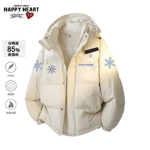 查尔斯桃心美式雪花印花羽绒服男女连帽冬季新款防寒潮牌情侣外套