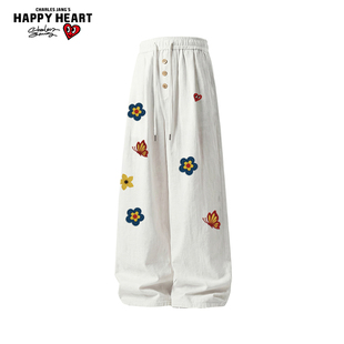 速干休闲直筒阔腿长裤 查尔斯桃心美式 薄款 子男夏季 花卉印花冰丝裤