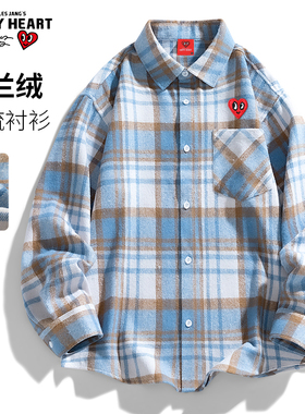 查尔斯桃心法兰绒蓝色格子长袖衬衫男女春秋松弛慵懒休闲衬衣外套