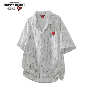 查尔斯桃心短袖休闲扎染衬衫男夏季2026新款宽松潮牌半袖衬衣外套