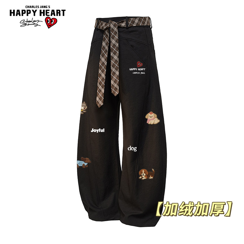 查尔斯桃心 美式小狗印花直筒裤子男女加绒加厚宽松冬季休闲弯刀