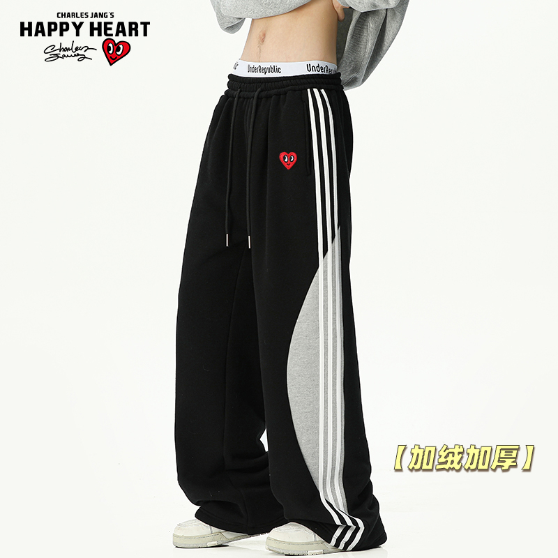 查尔斯桃心美式三条杠运动卫裤男冬季加绒加厚休闲宽松阔腿长裤子