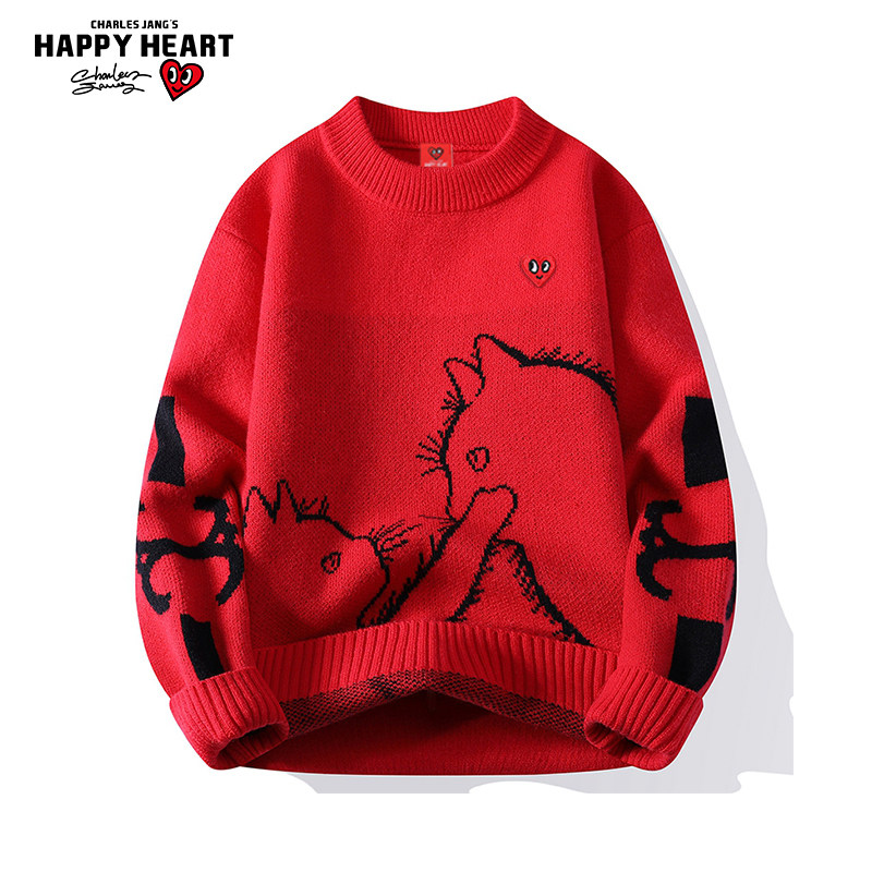 查尔斯桃心红色猫咪毛衣男女冬季新款宽松休闲百搭情侣针织衫上衣,男装,针织衫/毛衣,淘宝优惠券,粉丝福利购,淘宝优惠卷
