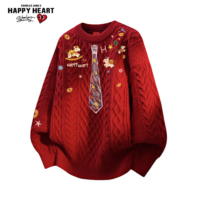查尔斯桃心马年2026新款红色针织衫男女冬季线衣保暖慵懒情侣毛衣,男装,针织衫/毛衣,淘宝优惠券,粉丝福利购,淘宝优惠卷