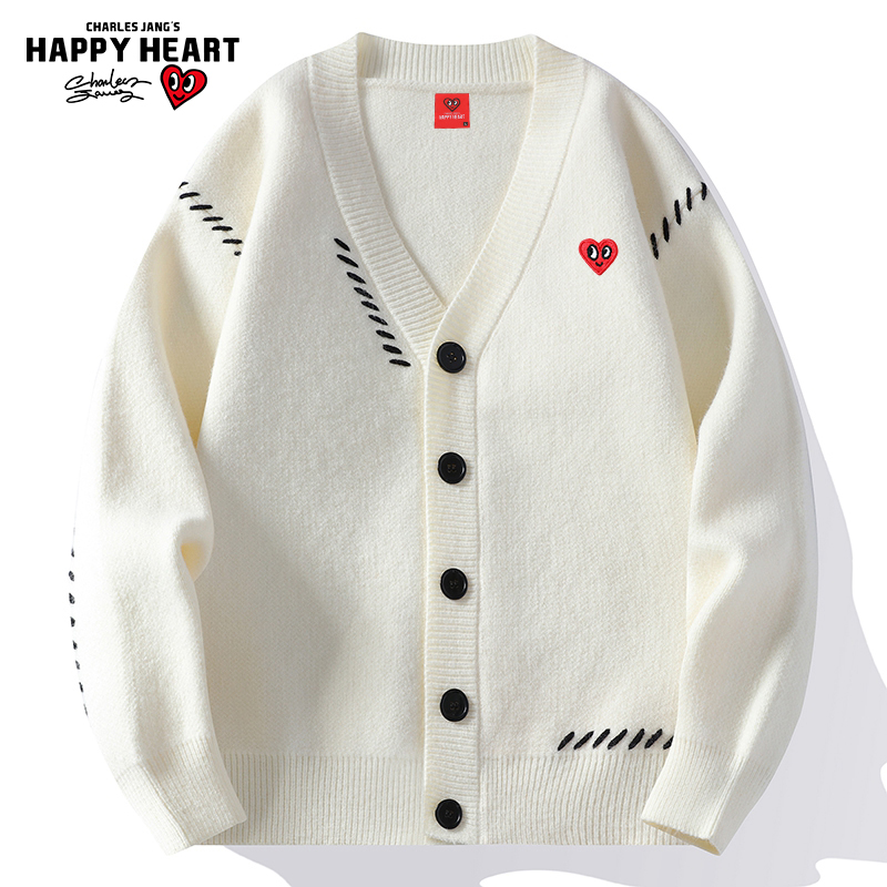 查尔斯桃心复古拼接针织开衫男女春秋季宽松爱心毛衣情侣休闲外套