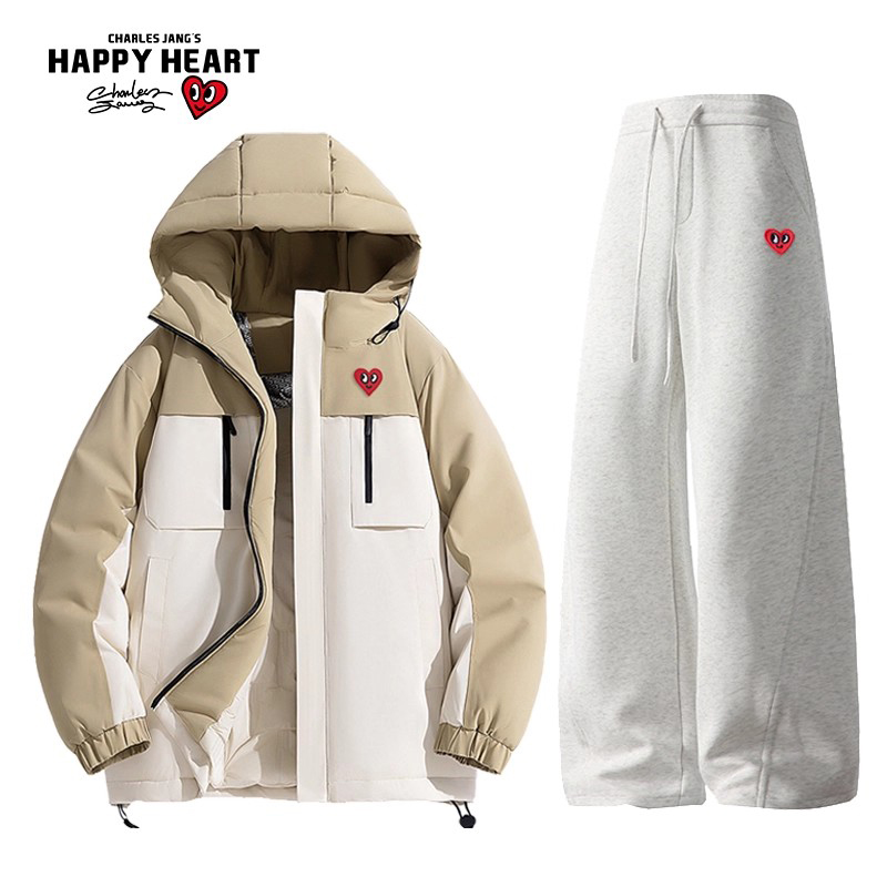 查尔斯桃心石墨烯连帽棉服套装男