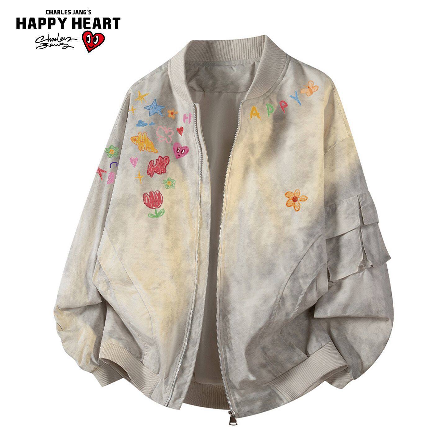 查尔斯桃心 美式花卉涂鸦棒球领皮夹克外套男女春秋宽松休闲上衣