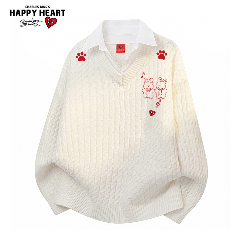 查尔斯桃心美式假两件衬衫领毛衣
