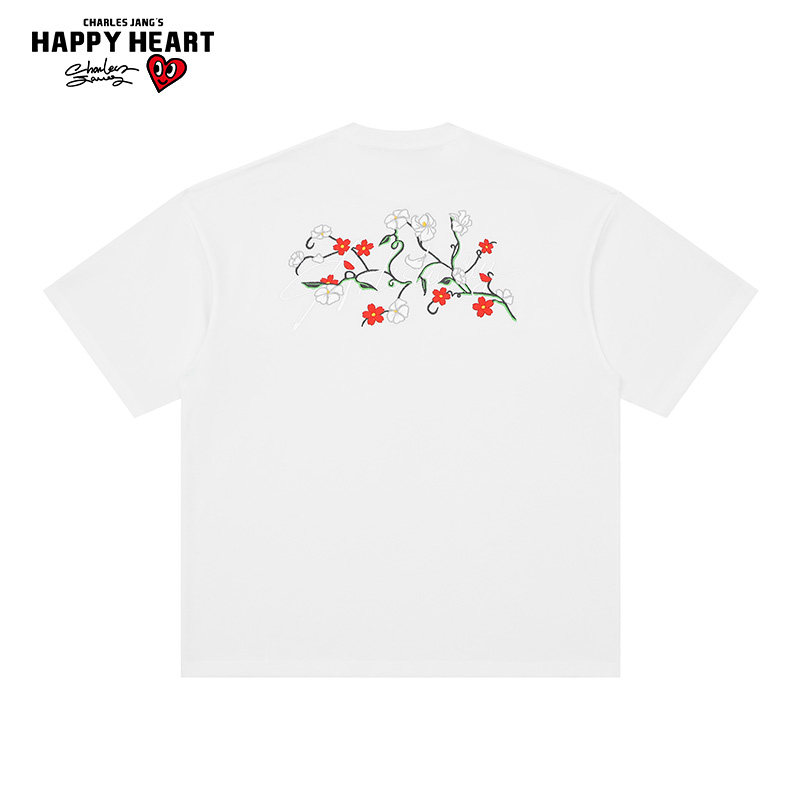 查尔斯桃心 美式花朵刺绣纯棉短袖T恤男女夏季宽松潮牌2026新款