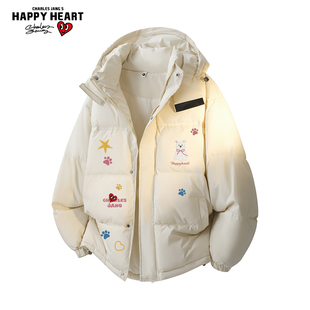 查尔斯桃心美式趣味印花羽绒服男女冬季新款连帽加厚保暖休闲外套