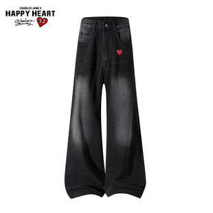 查尔斯桃心复古磨白牛仔裤男冬季新款潮牌宽松阔腿直筒休闲长裤子