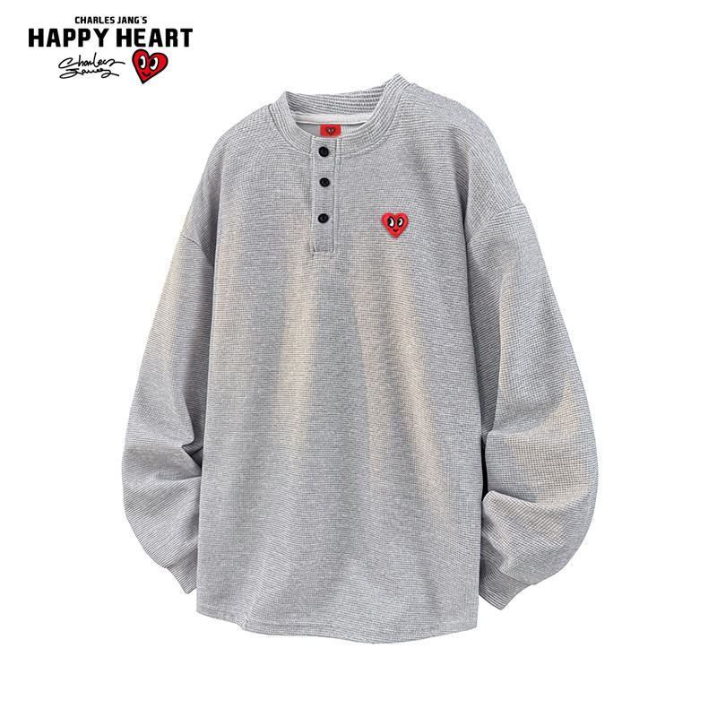 查尔斯桃心打底亨利领长袖T恤男女春秋季新款宽松休闲百搭上衣潮