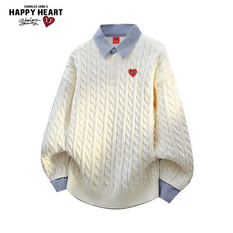 查尔斯桃心假两件衬衫领麻花毛衣男女冬季新款保暖休闲针织衫上衣