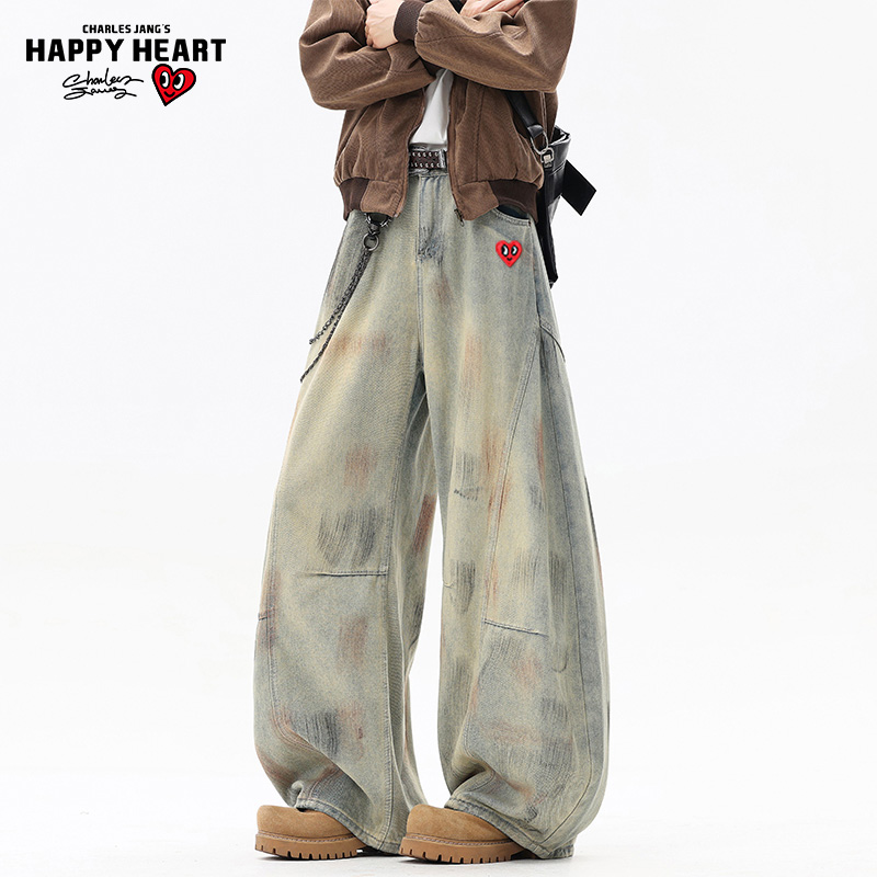 查尔斯桃心复古弯刀阔腿牛仔裤